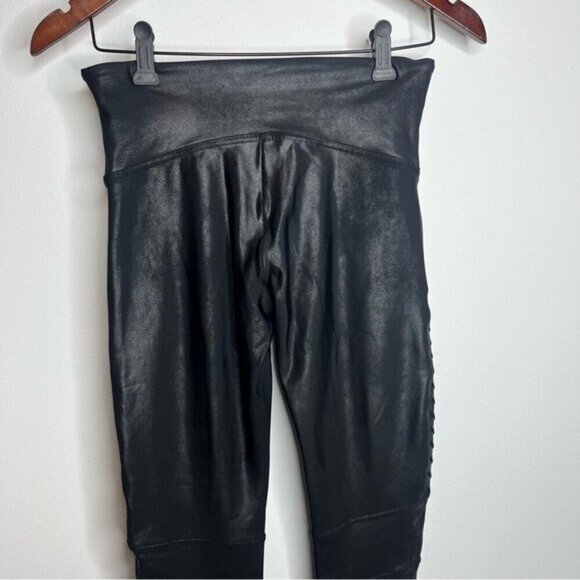 Spanx Women's Size Medium Metallic Faux Leather High Waist Black Moto Leggings - Picture 6 of 13